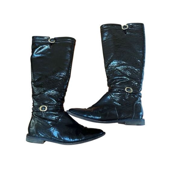 Jimmy Choo Chocolate Brown Patent Leather Riding Boots Gold Buckle Low Heel 38.5 - Picture 8 of 14